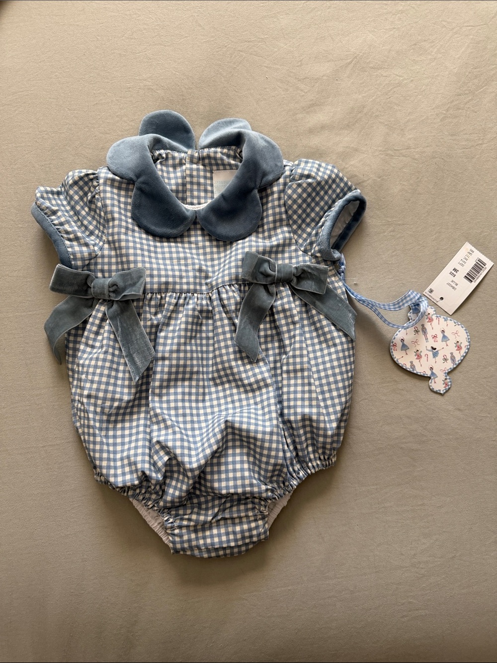 Edgehill Collection Blue Gingham Bubble Romper with Velvet Trim